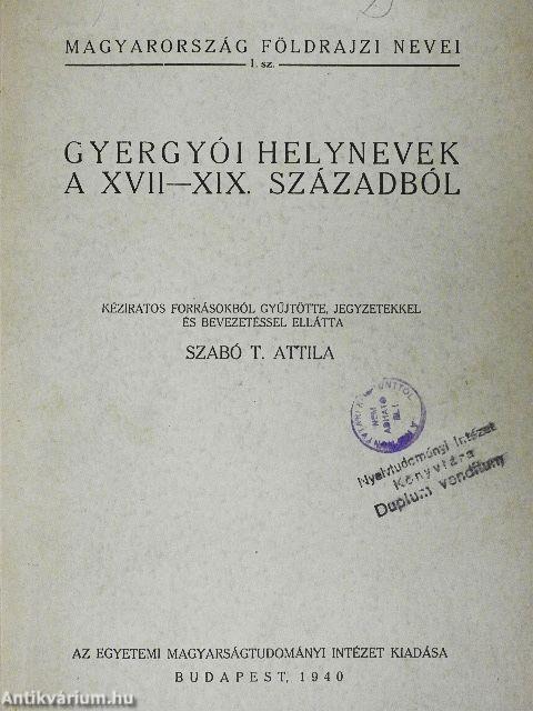 Gyergyói helynevek a XVII-XIX. századból