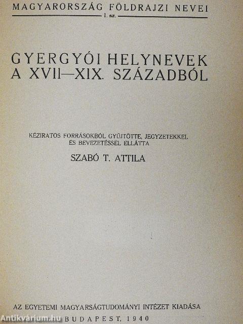 Gyergyói helynevek a XVII-XIX. századból