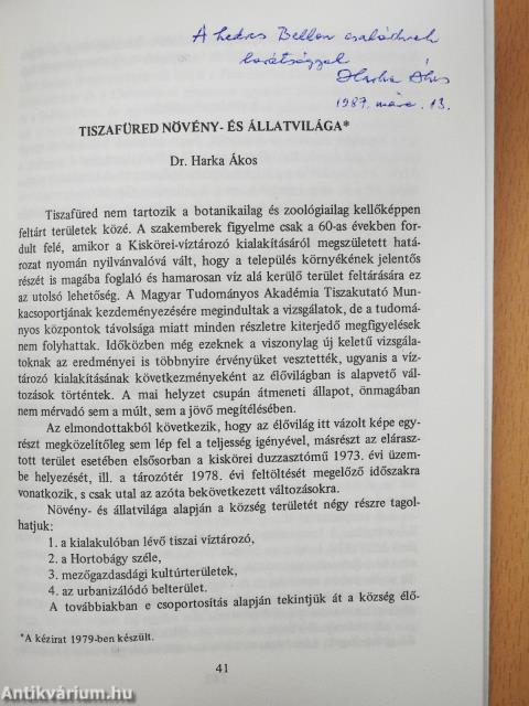 Tiszafüredi tanulmányok 1. - Természettudományi tanulmányok (dedikált példány)
