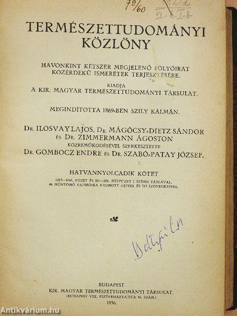 Természettudományi Közlöny 1936. január-december/Pótfüzetek a Természettudományi Közlönyhöz 1936-1937. (nem teljes évfolyam)