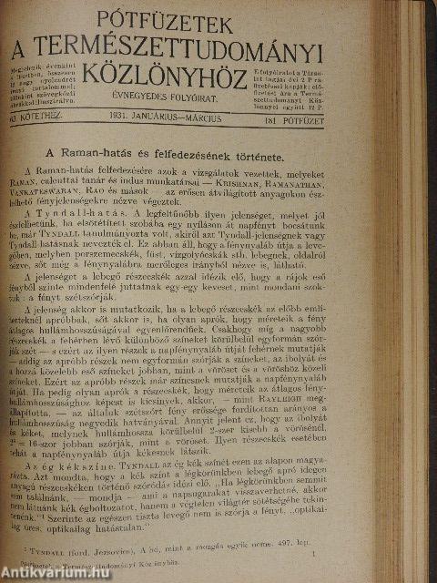 Természettudományi Közlöny 1931. január-december/Pótfüzetek a Természettudományi Közlönyhöz 1931. január-december