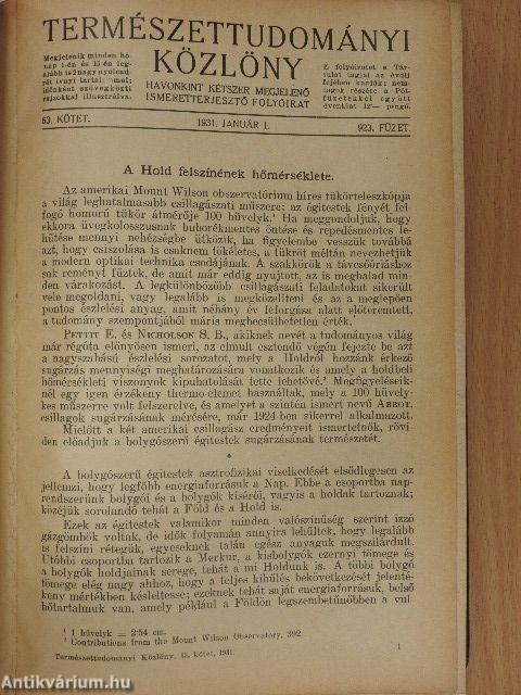 Természettudományi Közlöny 1931. január-december/Pótfüzetek a Természettudományi Közlönyhöz 1931. január-december