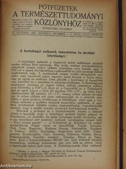 Természettudományi Közlöny 1924. január-december/Pótfüzetek a Természettudományi Közlönyhöz 1923. január-december