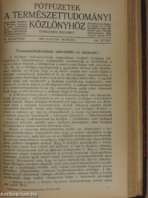 Természettudományi Közlöny 1936. január-december/Pótfüzetek a Természettudományi Közlönyhöz 1936-1937. (nem teljes évfolyam)
