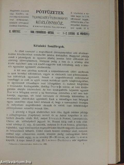 Természettudományi Közlöny 1908. január-december/Pótfüzetek a Természettudományi Közlönyhöz 1908. január-december