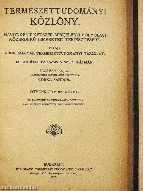 Természettudományi Közlöny 1920. január-december/Pótfüzetek a Természettudományi Közlönyhöz 1920. január-december