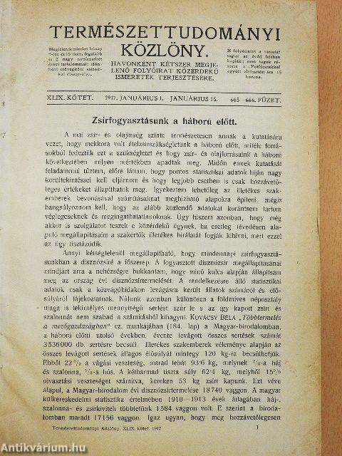 Természettudományi Közlöny 1917. január-december/Pótfüzetek a Természettudományi Közlönyhöz 1917. (nem teljes évfolyam)