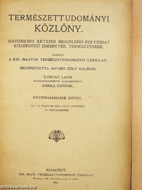 Természettudományi Közlöny 1921. január-december/Pótfüzetek a Természettudományi Közlönyhöz 1921. január-december