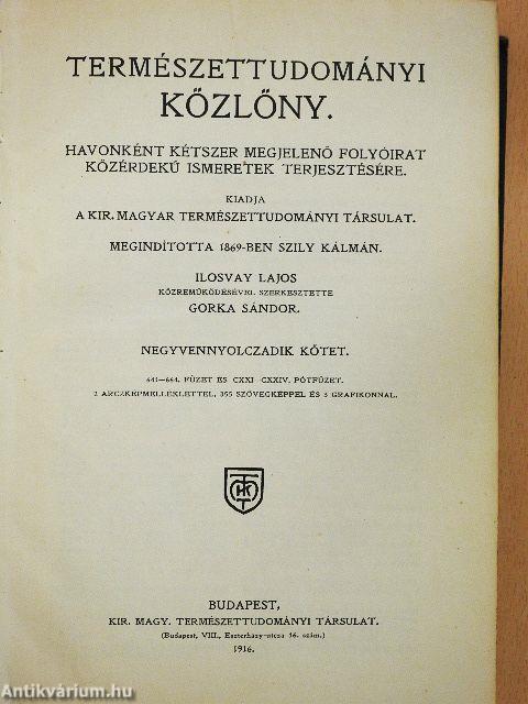 Természettudományi Közlöny 1916. január-deczember/Pótfüzetek a Természettudományi Közlönyhöz 1916. (nem teljes évfolyam)