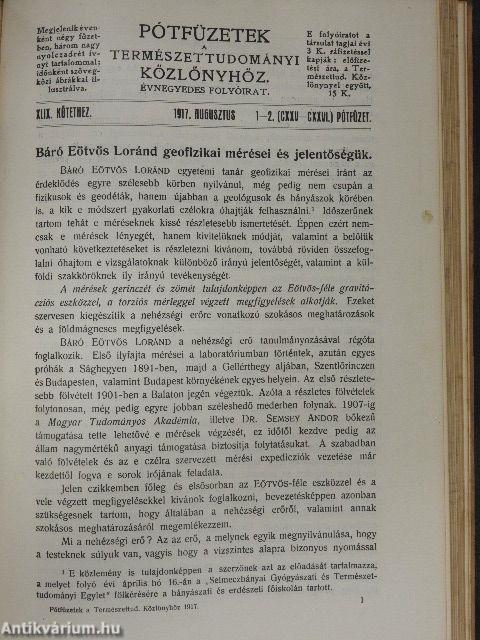 Természettudományi Közlöny 1917. január-december/Pótfüzetek a Természettudományi Közlönyhöz 1917. (nem teljes évfolyam)