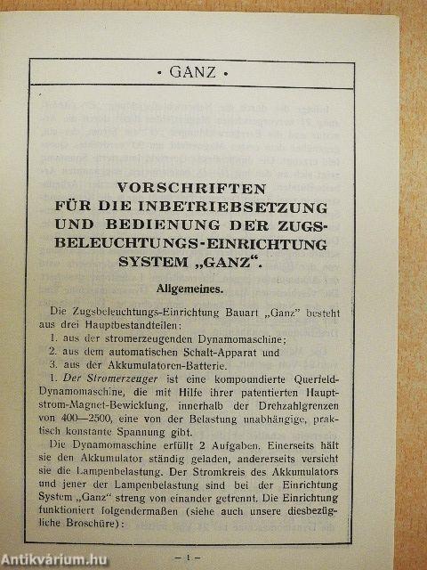 Vorschriften für die Inbetriebsetzung und Bedienung der Zugsbeleuchtungs-Einrichtung System "Ganz"