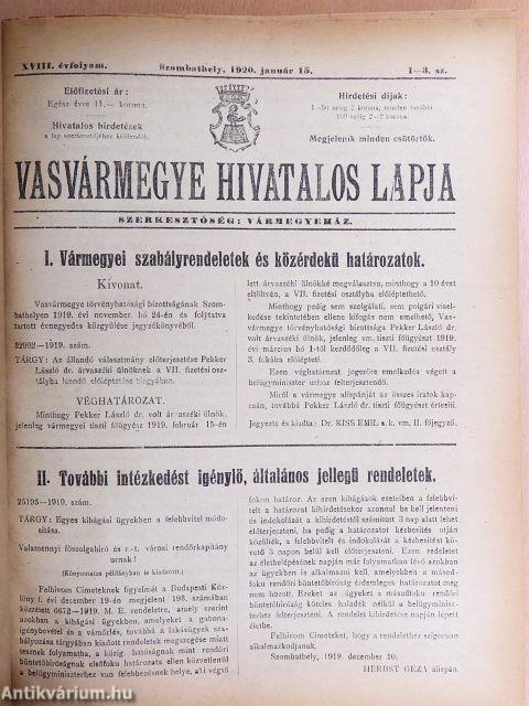 Vasvármegye Hivatalos Lapja 1920. (nem teljes évfolyam)