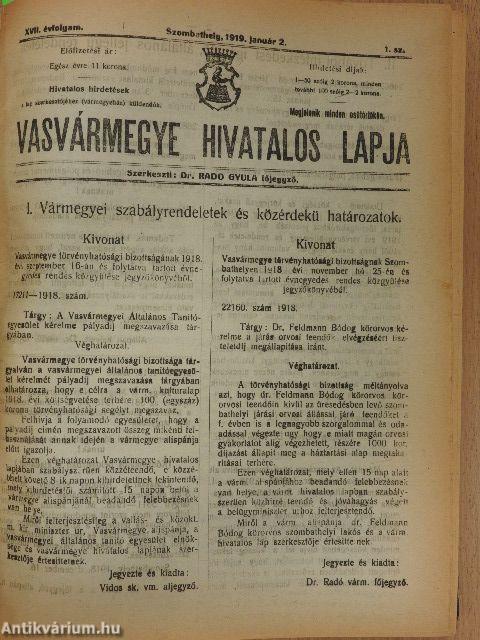 Vasvármegye Hivatalos Lapja 1919. (nem teljes évfolyam)/A Vasvármegyei Forradalmi Kormányzótanács Hivatalos Közlönye 1919. április-július