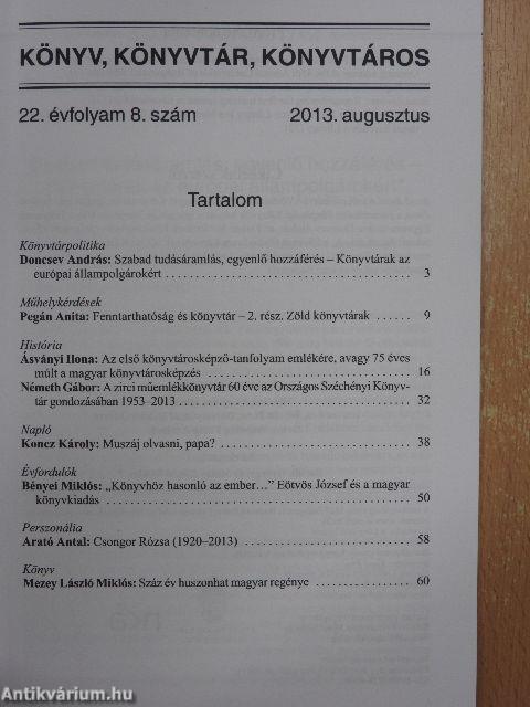 Könyv, könyvtár, könyvtáros 2013. augusztus