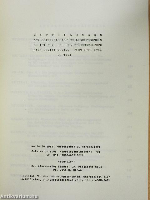 Mitteilungen der Österreichischen Arbeitsgemeinschaft für Ur- und Frühgeschichte Band XXXIII-XXXIV 2. Teil (töredék)