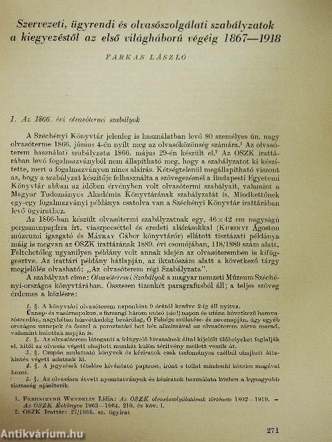 Szervezeti, ügyrendi és olvasószolgálati szabályzatok a kiegyezéstől az első világháború végéig 1867-1918