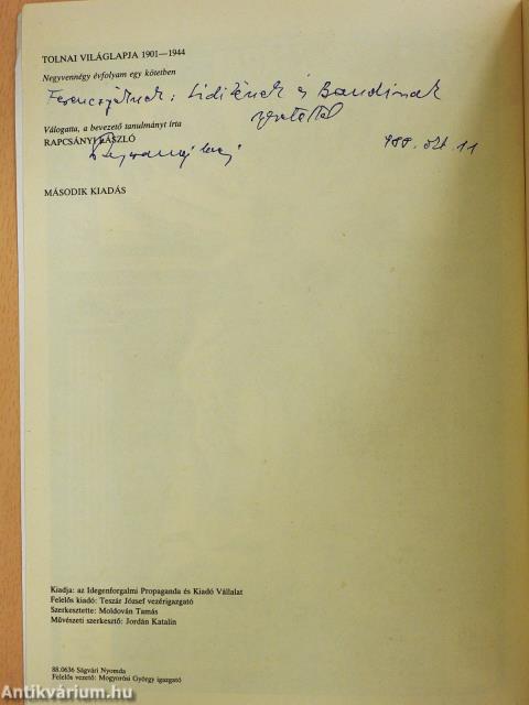 Tolnai Világlapja 1901-1944. (dedikált példány)