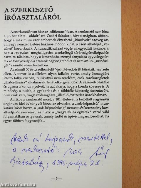 Magyarok Vasárnapja Évkönyv 1995 (dedikált példány)