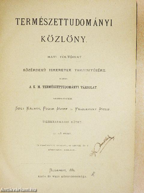 Természettudományi Közlöny 1881. január-december