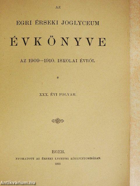 Az Egri Érseki Joglyceum Évkönyve az 1909-1910. iskolai évről