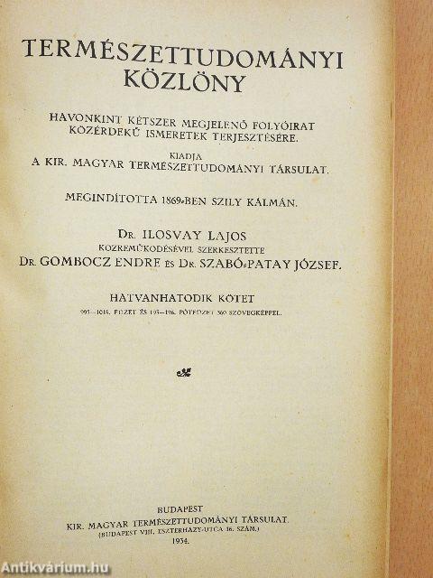 Természettudományi Közlöny 1934. január-december/Pótfüzetek a Természettudományi Közlönyhöz 1934. január-december