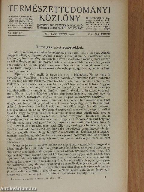 Természettudományi Közlöny 1934. január-december/Pótfüzetek a Természettudományi Közlönyhöz 1934. január-december