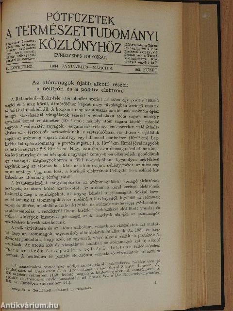 Természettudományi Közlöny 1934. január-december/Pótfüzetek a Természettudományi Közlönyhöz 1934. január-december