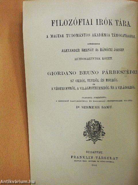 Giordano Bruno párbeszédei az Okról, Elvről és Egyről és a Végtelenről, a Világegyetemről és a Világokról