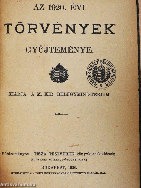 Az 1920. évi törvények gyüjteménye