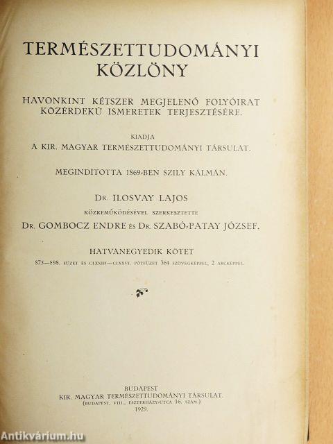 Természettudományi Közlöny 1929. január-december/Pótfüzetek a Természettudományi Közlönyhöz 1929. január-december