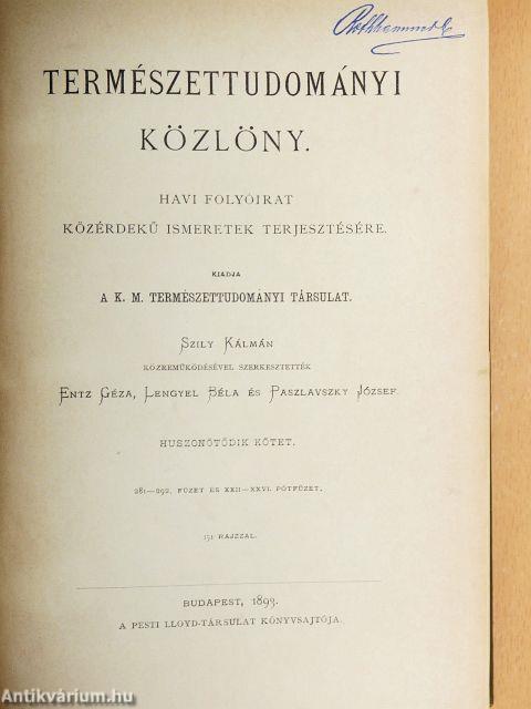 Természettudományi Közlöny 1893. január-december/Pótfüzetek a Természettudományi Közlönyhöz 1893. január-december