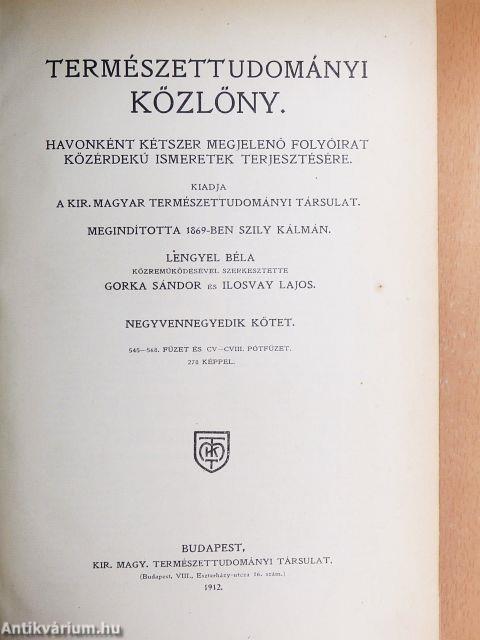 Természettudományi Közlöny 1912. január-december/Pótfüzetek a Természettudományi Közlönyhöz 1912. január-december