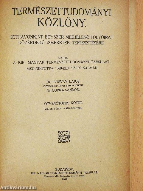 Természettudományi Közlöny 1923. január-december/Pótfüzetek a Természettudományi Közlönyhöz 1923. január-december
