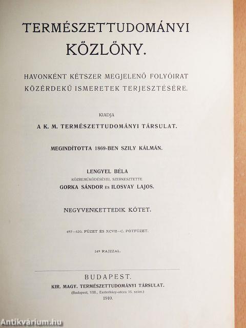 Természettudományi Közlöny 1910. január-december/Pótfüzetek a Természettudományi Közlönyhöz 1910-1911. (nem teljes évfolyam)
