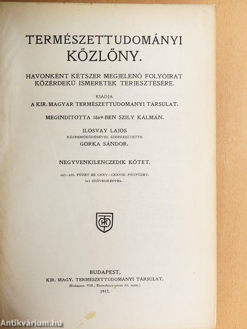 Természettudományi Közlöny 1917. január-december/Pótfüzetek a Természettudományi Közlönyhöz 1917. január-december