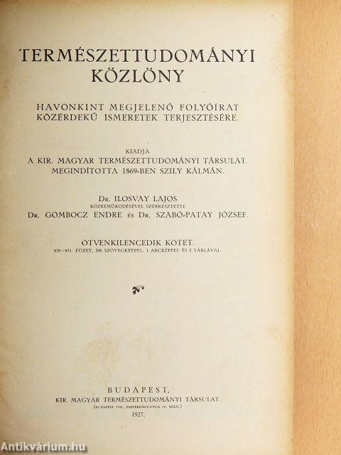 Természettudományi Közlöny 1927. január-december/Pótfüzetek a Természettudományi Közlönyhöz 1927. január-december