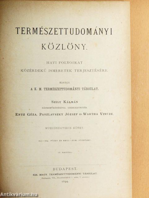 Természettudományi Közlöny 1894. január-december/Pótfüzetek a Természettudományi Közlönyhöz 1894. január-december