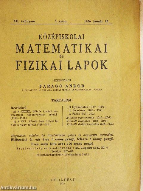 Középiskolai Matematikai és Fizikai Lapok 1936. január 15.