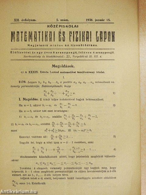 Középiskolai Matematikai és Fizikai Lapok 1936. január 15.