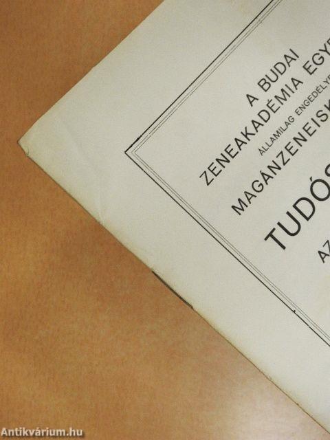 A Budai Zeneakadémia Egyesület államilag engedélyezett magánzeneiskolájának tudósítványa az 1929-30. tanévről