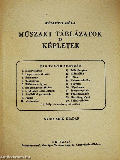 Műszaki táblázatok és képletek