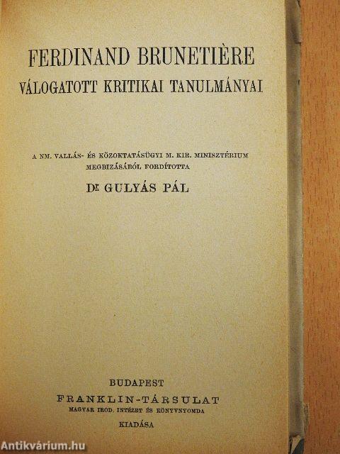 Ferdinand Brunetiére válogatott kritikai tanulmányai