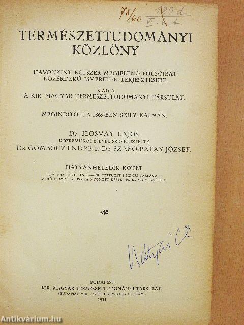 Természettudományi Közlöny 1935. (nem teljes évfolyam)/Pótfüzetek a Természettudományi Közlönyhöz