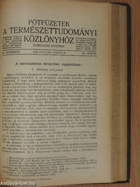 Természettudományi Közlöny 1935. (nem teljes évfolyam)/Pótfüzetek a Természettudományi Közlönyhöz