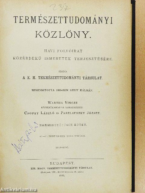 Természettudományi Közlöny 1903. január-december/Pótfüzetek a Természettudományi Közlönyhöz 1903. január-december