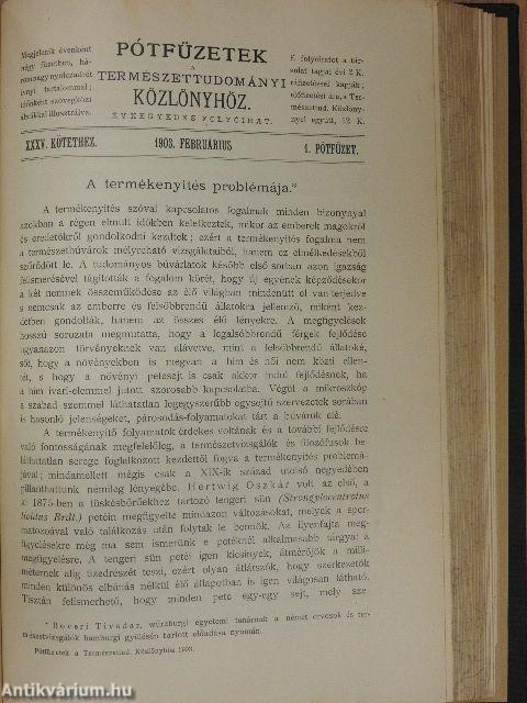 Természettudományi Közlöny 1903. január-december/Pótfüzetek a Természettudományi Közlönyhöz 1903. január-december