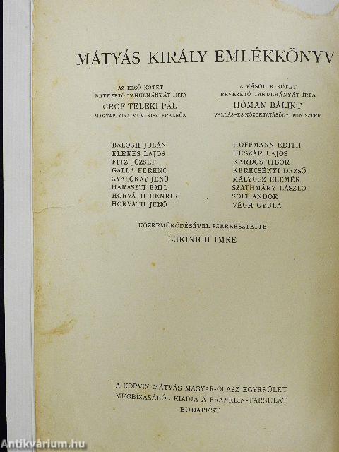 Mátyás király emlékkönyv I.