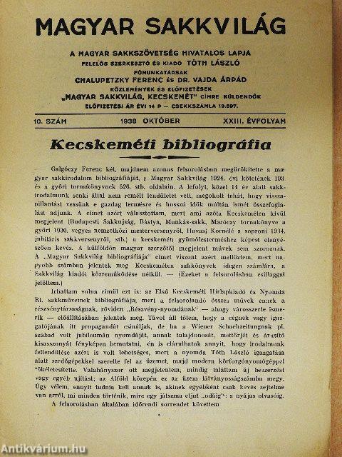 Magyar Sakkvilág 1938. október