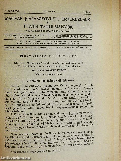 Magyar jogászegyleti értekezések és egyéb tanulmányok 1933. április