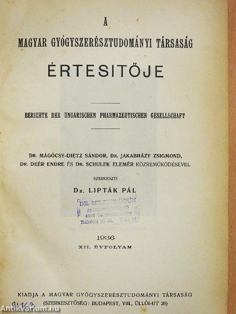 A Magyar Gyógyszerésztudományi Társaság Értesitője 1936.